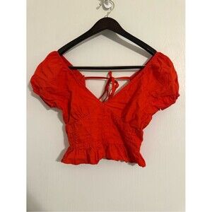 Sim & Sam Red Puff Sleeve Tie-Back Crop Top Size Medium Made in India